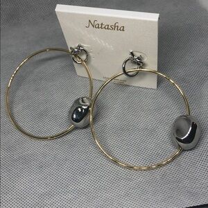 Natasha Couture gold tone hoop earrings with silver stone look and‎ silver knot